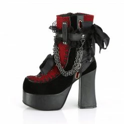 Demonia CHARADE-110 - Blk V. Le-Red-Blk Velvet-Fishnet Overlay Punk & Goth