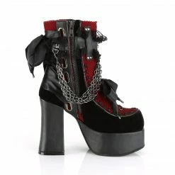 Demonia CHARADE-110 - Blk V. Le-Red-Blk Velvet-Fishnet Overlay Punk & Goth