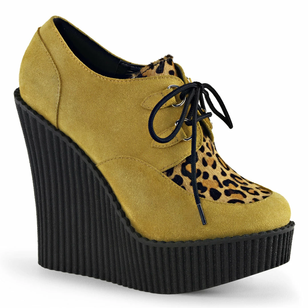 Demonia Punk & Goth CREEPER-304 - Mustard Vegan Suede-Leopard Printed Ponly Hair 3 Demonia Punk & Goth CREEPER-304 - Mustard Vegan Suede-Leopard Printed Ponly Hair
