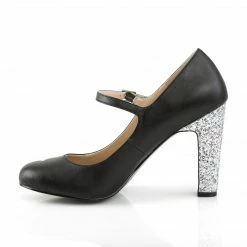 Pleaser Pink Label QUEEN-02 - Blk Faux Leather-Slv Glitter