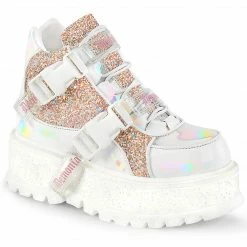 Demonia SLACKER-50 - Wht Holographic Pat-B. Pink Multi Glitter Punk & Goth